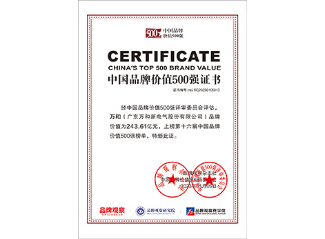 中國品牌價值500強(qiáng)證書